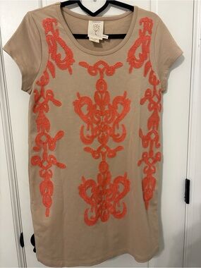Meadow Rue Tan Dress with Orange Embroidered Detail